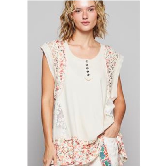 POL Cream Floral Print button Lace Tunic Tank Top - Picture 1 of 5